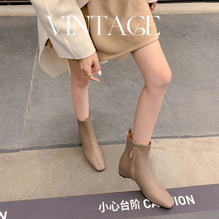 Women's Chimney Boots in Black or Apricot with Mid Heel and Side Zipper